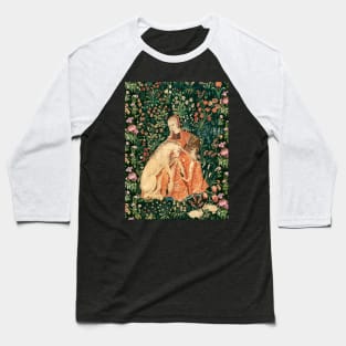 LADY AND UNICORN AMONG FLOWERS ,HARES,Red Green Floral Baseball T-Shirt